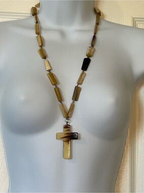 Vintage Handmade Polished Horn Necklace with Cross Pendant 30”